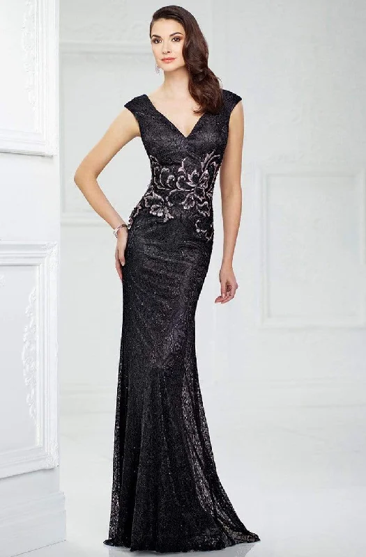 Special Discount Montage by Mon Cheri - Cap Sleeve Intricate Lace Sheath Gown 217946 - 1 pc Black In Size 6 Available