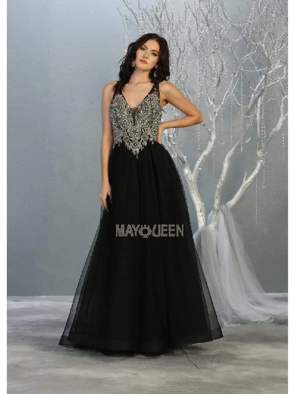 Grand Opening Sale May Queen - MQ1737 Long Beaded V-Neck Bodice Tulle Dress