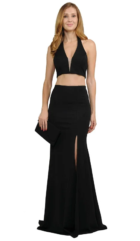 Seasonal Sale Poly USA - 8128 Two Piece Deep Halter V-neck Jersey Trumpet Dress