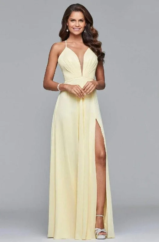 Limited Time Faviana - 7747 Illusion Plunging V-Neck Flowy Chiffon A-Line Dress