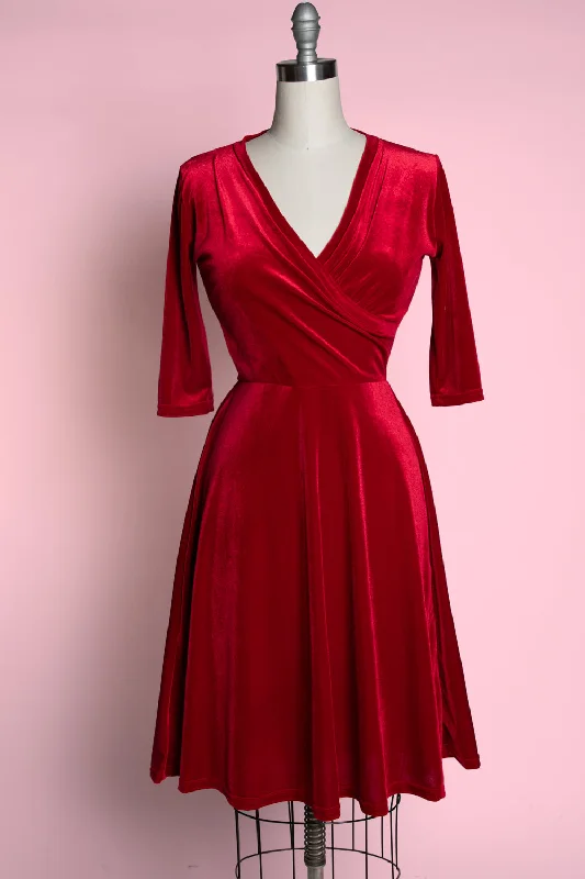 Seasonal Sale Joanie Knit Dress 3/4 Sleeve - Stretch Velvet, Red