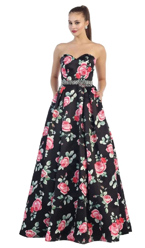 Fantastic Offers May Queen RQ7425 Strapless with Rhinestone Waistband Floral Print Ball Gown - 1 pc Black/Print In Size 12 Available