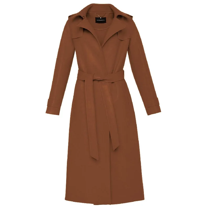 Women's Raw Edged Wool Belted Long Trench Coat In Pecan