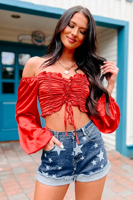 Taking Names Ruched Lace-Up Crop Top (Red)