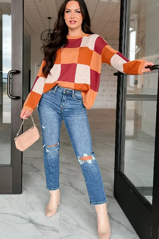 Year-End Clearance Under The Falling Leaves Colorblock Sweater (Brick Multi)