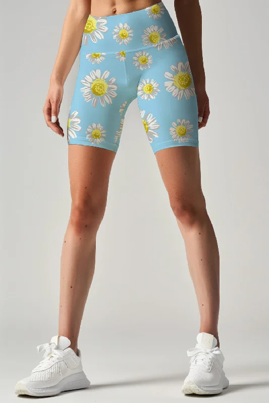 Marvelous Daisy Karen Baby Blue Floral Print Yoga Biker Shorts - Women