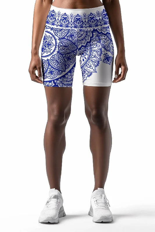 Nirvana Karen White Blue Boho Performance Yoga Biker Shorts - Women